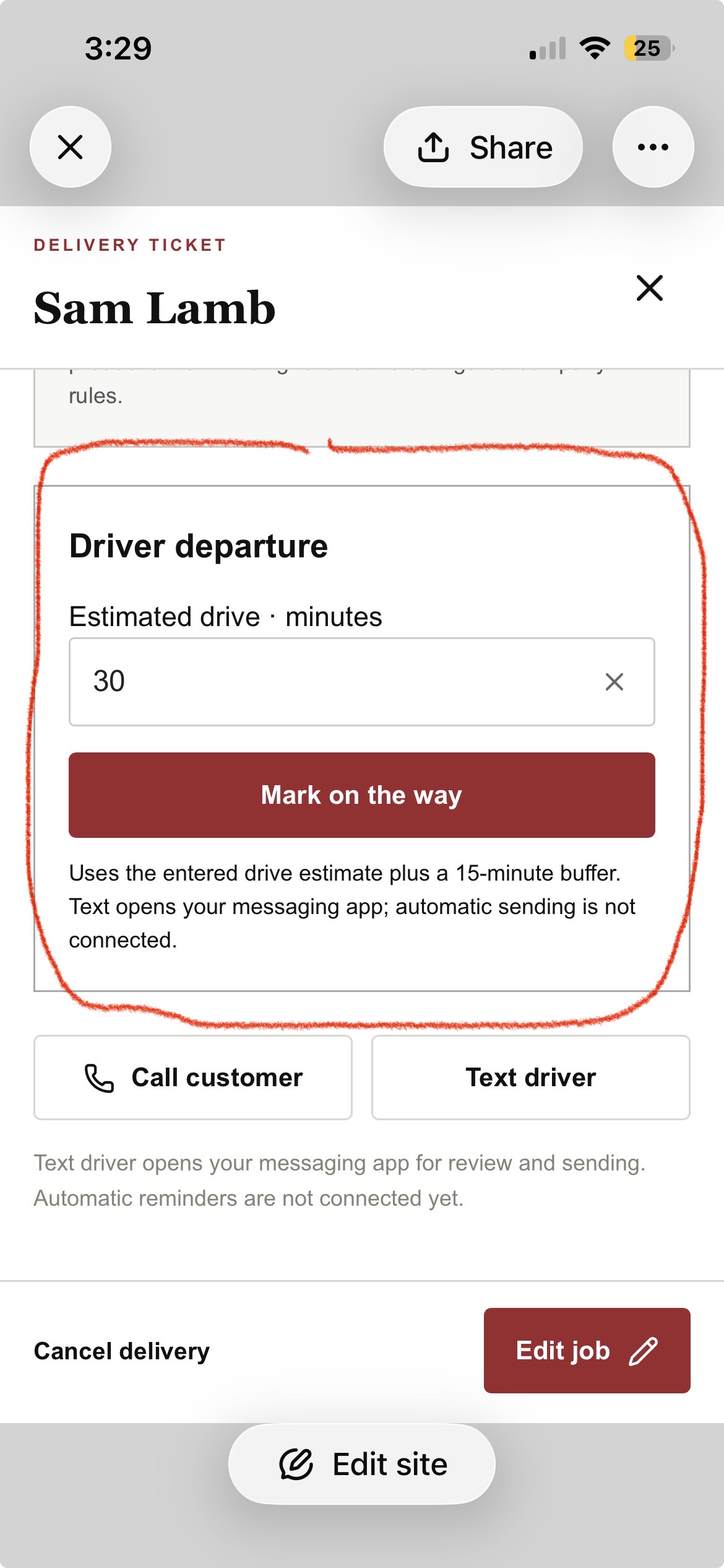 Actual pilot departure control with estimated drive time and Mark on the way button