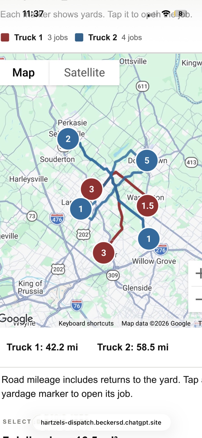 Actual truck route map with color-coded routes and circular job markers showing yards