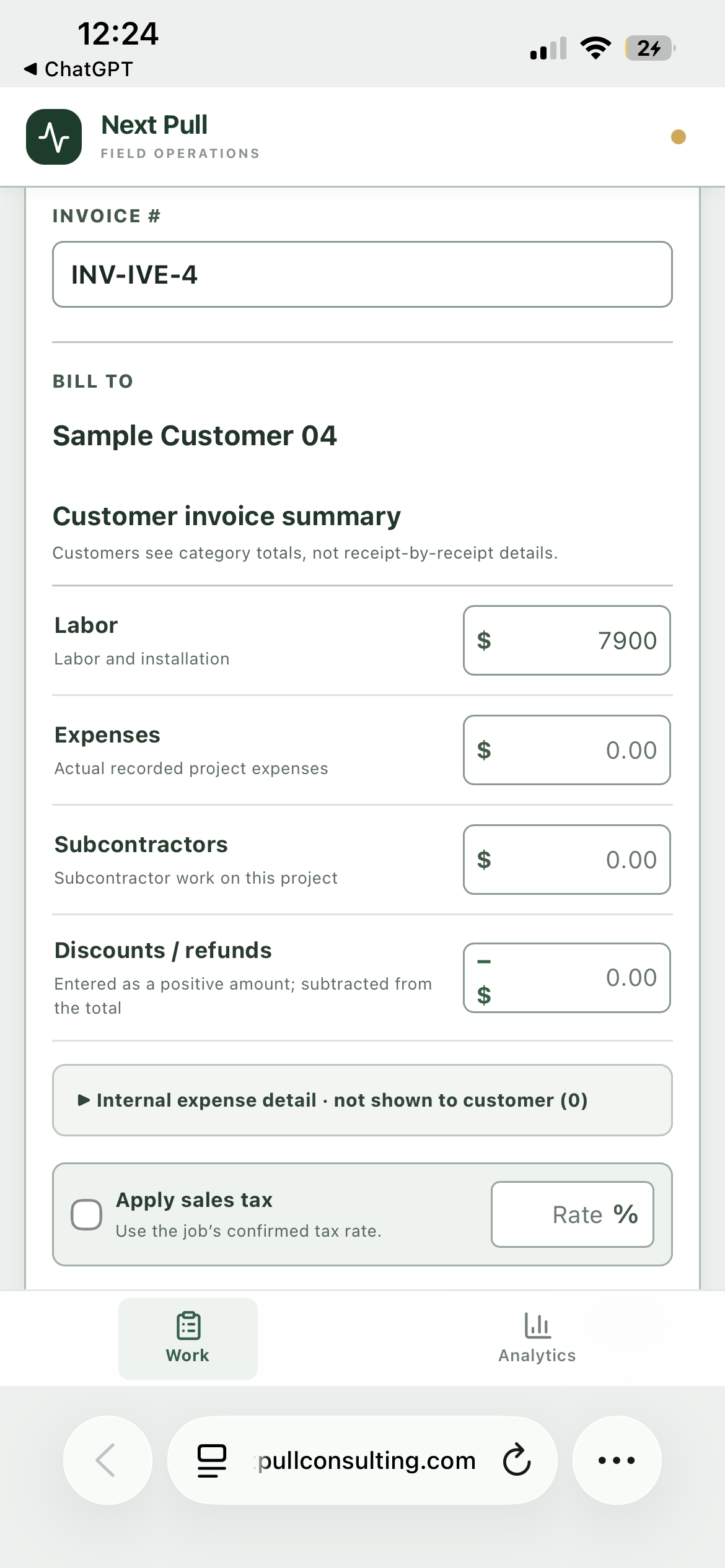 Sample invoice summary separating labor, expenses, subcontractors and adjustments
