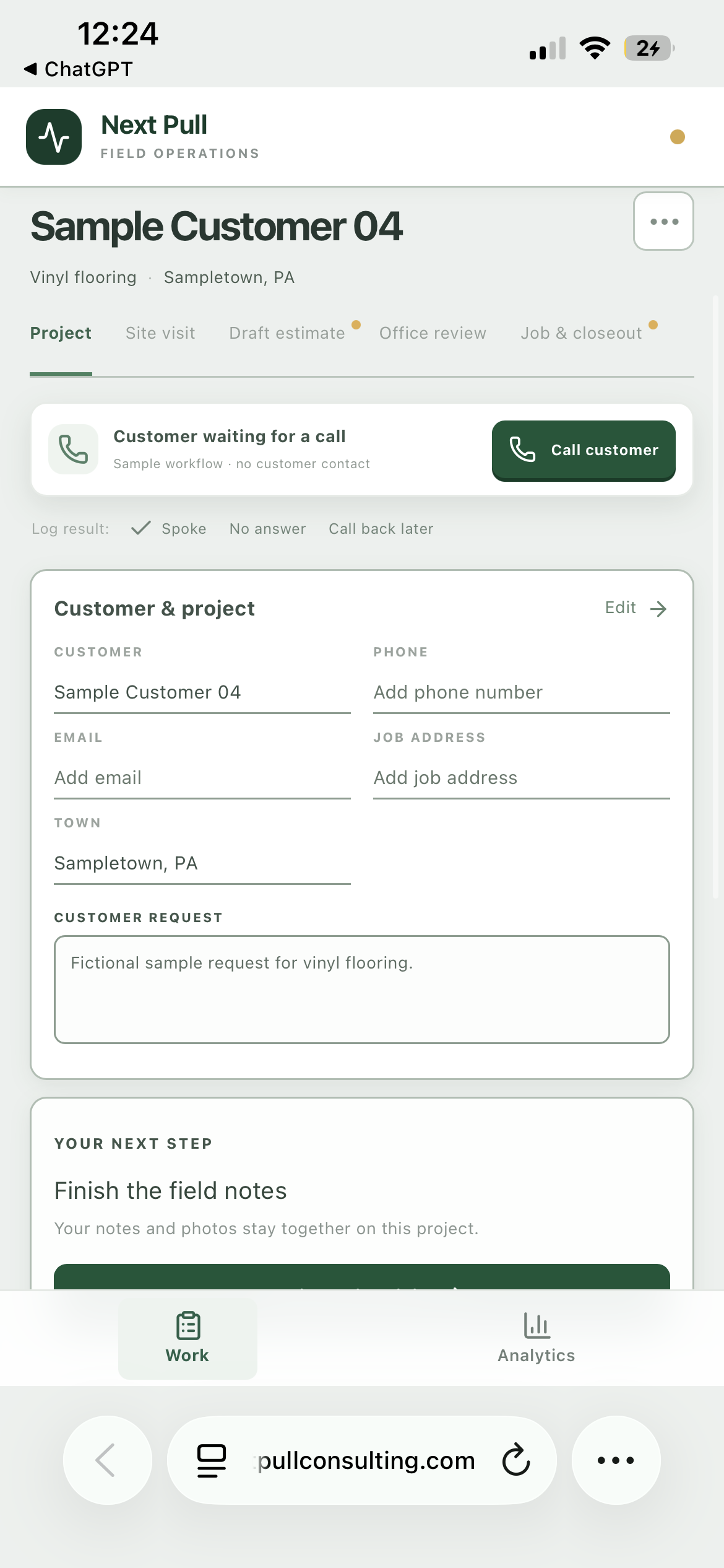 Sample mobile project record showing customer, location, job notes and project history