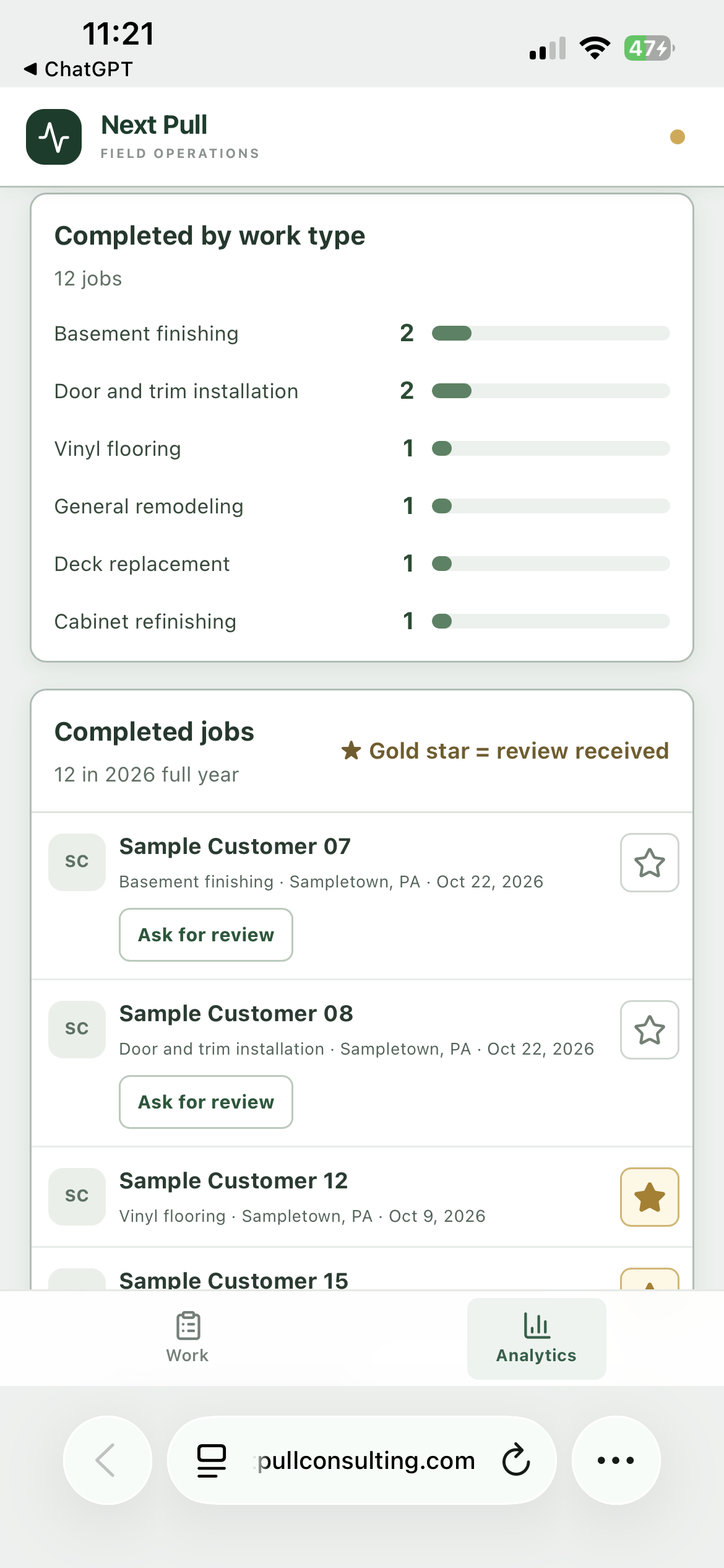 Sample mobile completed jobs and review follow-up screen with fictional sample customers