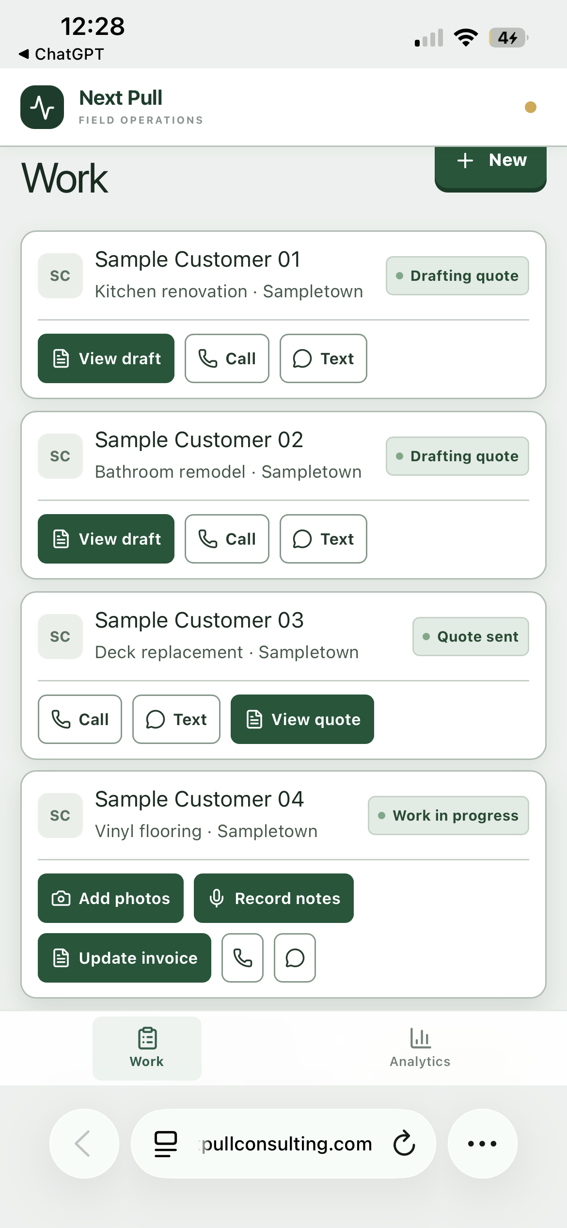 Sample mobile work queue with quote, scheduling, in-progress job, photo, notes and invoice actions