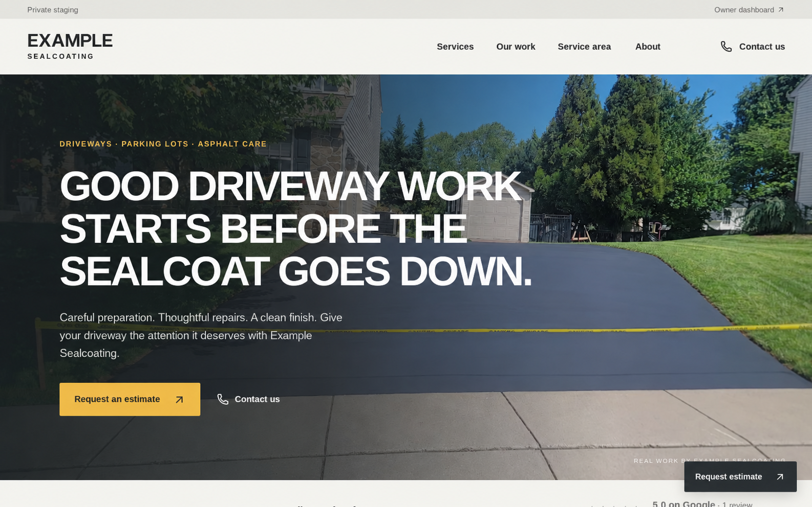 Example website preview with driveway photography, a phone number and a prominent estimate request