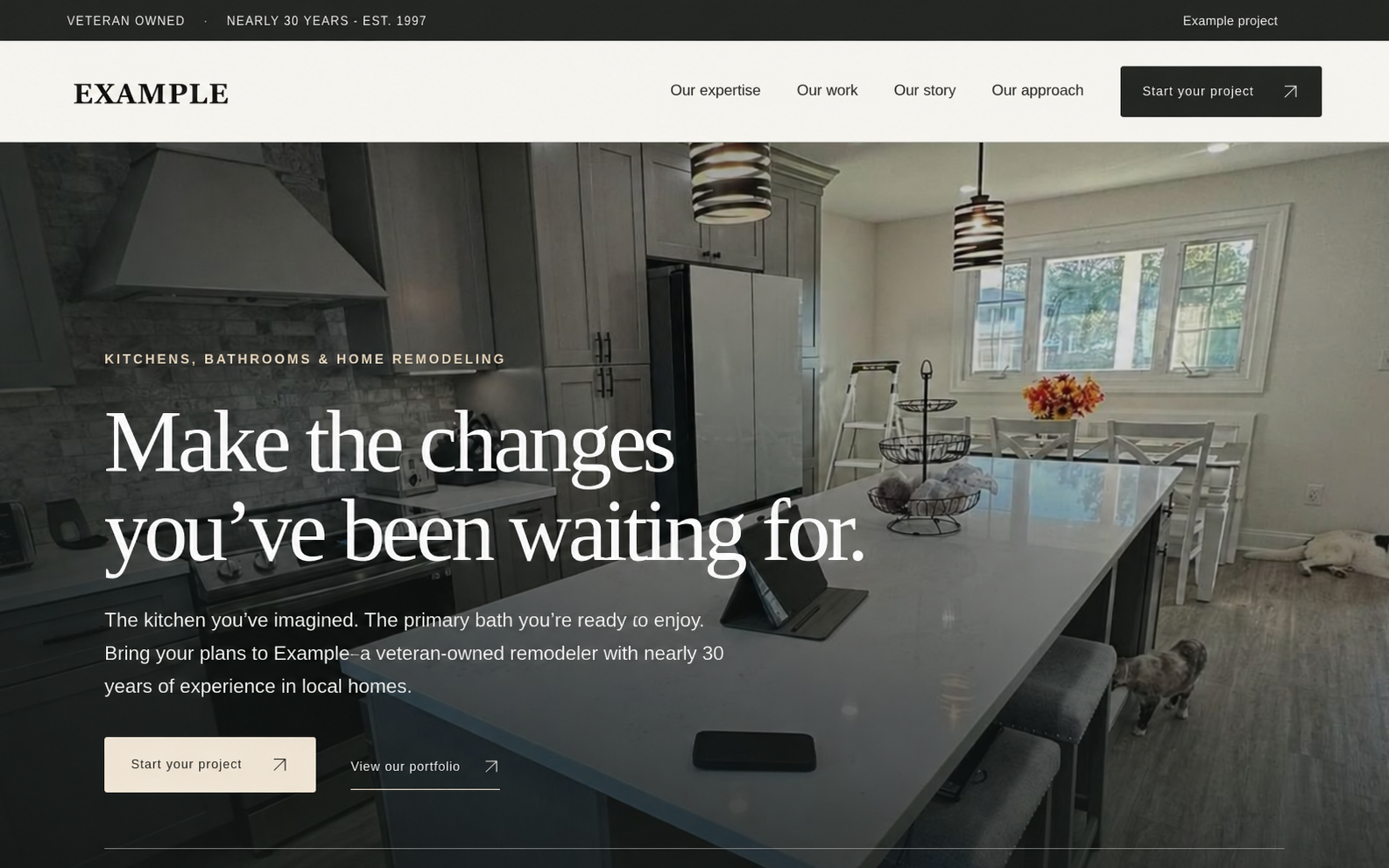 Example website preview featuring a real kitchen project and a clear Start your project action